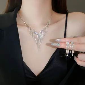 Elegant sparkling rhinestone fringe necklace and matching tassel earrings jewelry set for women