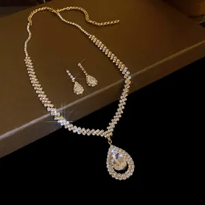 Sparkling rhinestone necklace and earrings set with elegant teardrop pendant detail