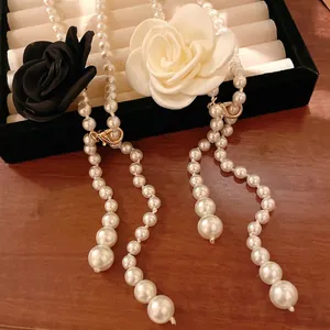 Vintage Artificial Pearl Camellia Flower Long Necklace For Women Elegant Fabric Rose Pendant Necklace Jewelry Sweater Chain