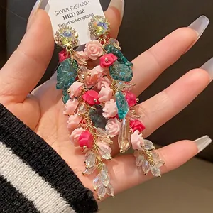 Luxury Rose Flower Tassel Drop Earrings For Women Artificial Crystal Rhinestone Inlaid Earrings With 925 Sterling Silver Post Chic Jewelry