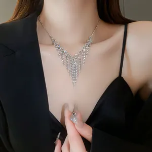 Detailed view of elegant silver fringe necklace with sparkling rhinestones on model