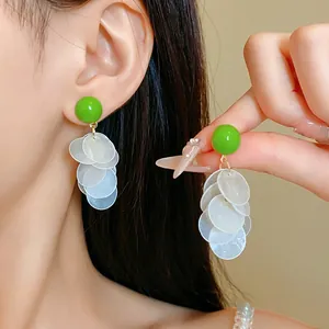 Mori Forest Style Green Round Ball White Shell Layered Tassel Drop Earrings For Women Elegant Handmade Jewelry Gift