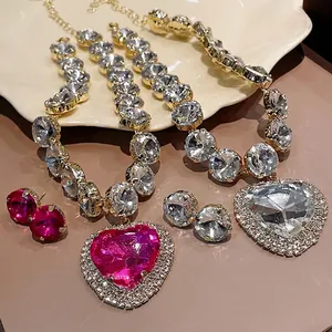Luxury Heavy Industry Alloy Jewelry Set Heart Shaped Rhinestone Necklace And Stud Earrings For Women With 925 Sterling Silver Earring Post