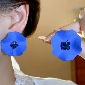 Statement Klein blue flower stud earrings with square rhinestone center for women