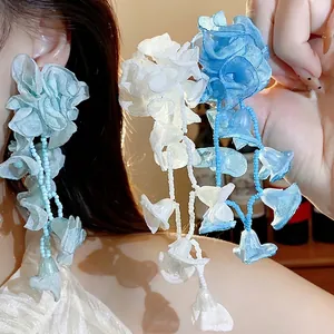 Handmade Chiffon Flower Tassel Drop Earrings Sweet Floral Tassel Earrings With Silver Earring Post For Vacation Party