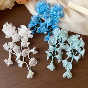 Handmade chiffon flower tassel earrings with S925 silver needle in sweet vacation style