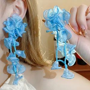 Elegant light blue chiffon flower tassel earrings with silver needles for vacation style