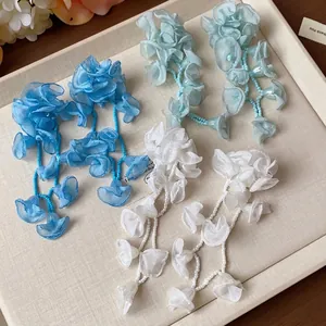 Elegant handmade chiffon flower tassel drop earrings in blue and white vacation style
