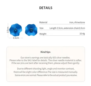 Detailed specifications of blue flower earrings with rhinestone and 925 silver needle info.