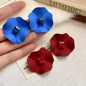 Large spray-painted flower stud earrings featuring square rhinestone centers for women