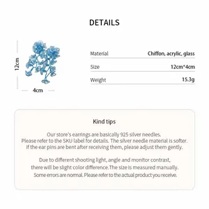 Detailed specifications for blue chiffon flower tassel earrings with 925 silver needle