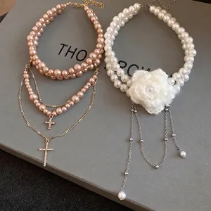 French Retro Double Layer Artificial Pearl Necklace Knitted Flower Rhinestone Cross Pendant Palace Style Choker For Women