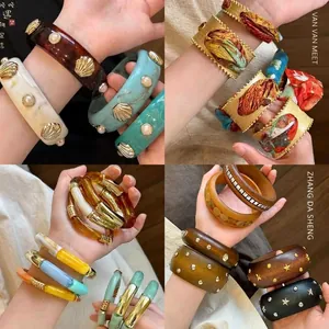 Exaggerated Acrylic Bangle For Women Ethnic Style Resin Bracelet Alloy Shell Artificial Pearl Accents Bohemian Retro Hand Jewelry