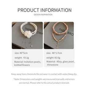 Product specification sheet for double-layer pearl necklaces with flower and cross pendants