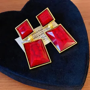 Vintage red geometric drop earrings with gold-tone square and rectangular charms