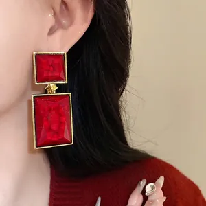 Oversized vintage red geometric square and rectangle drop earrings in royal court style