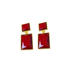 Vintage palace style square geometric earrings featuring red crackle stones in gold