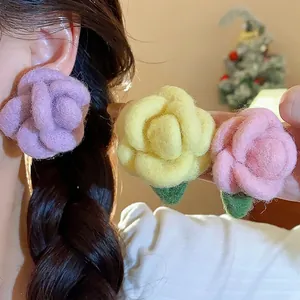 Handmade sweet camellia flocked flower stud earrings with high-grade silver needle