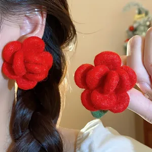 Handmade red flocked flower stud earrings with sweet rose design and elegant charm