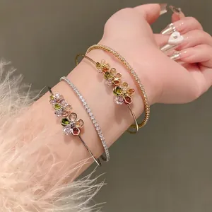 Fashion Copper Zirconia Flower Double Layer Open Cuff Bracelet For Women Niche High End Design Elegant Colored Hand Bangle