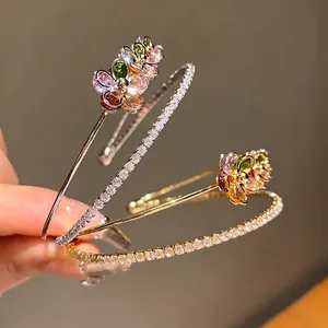 Luxury zircon flower double-layer open bangle bracelet with sparkling crystal accents