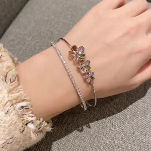 Elegant silver-tone double-layer bracelet set with colorful zircon flowers for women