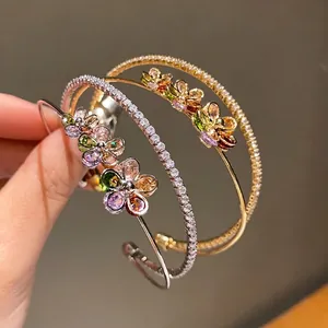 Elegant zircon flower layered open cuff bracelets in gold and silver finish