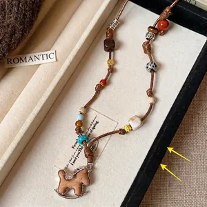 Hand-woven rocking horse pendant necklace, boho style autumn winter sweater chain jewelry