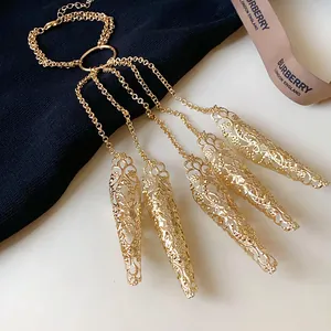 Detailed view of intricate gold filigree nail cover bracelet with tassel chains jewelry