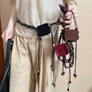 Vintage Bohemian Women Waist Chain Belt With Mini Suede Bag Ethnic Paisley Print Braided Rope Wood Beads Fashion Accessory