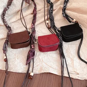 Vintage style suede mini waist chain bags in brown burgundy and black for women fashion