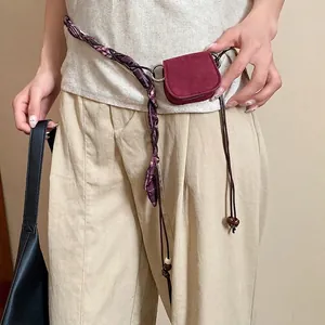 Vintage style burgundy mini pouch waist chain belt with floral braided strap detail