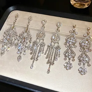 Alloy Rhinestone Water Drop Rhombic Tassel Drop Earrings With 925 Sterling Silver Earring Post For Wedding Party Women Jewelry