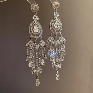 Elegant silver needle rhinestone water drop and rhombus tassel earrings for women