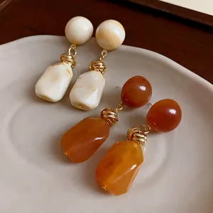 Vintage Irregular Resin Drop Earrings For Women Maillard Style Marble Pattern Alloy Jewelry With 925 Sterling Silver Earring Post