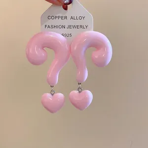 Pink resin question mark stud earrings with heart charms and S925 silver needles