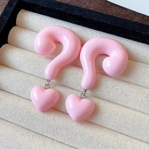 Chic pink resin question mark earrings with heart charms and hypoallergenic silver pins