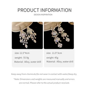 Detailed specifications for these elegant gold-toned rhinestone tassel drop earrings.
