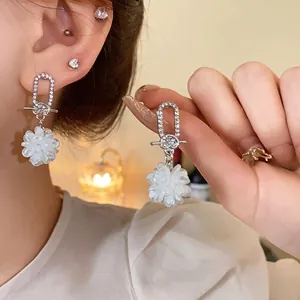 Elegante Silbernadel-Ohrringe mit glitzernden Strassgliedern und Perlenblumen-Clustern.