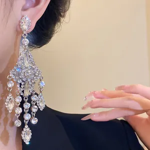 Silver needle rhinestone waterdrop tassel earrings with heavy industry luxury design