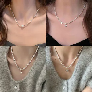 Dubbellaagse Hematiet Kunstparel Hanger Ketting Vintage Zilveren Nugget Stijl Hart Strik Smiley Choker Elegante Mode Sieraden Voor Vrouwen