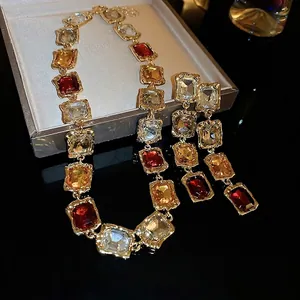 Vintage Alloy Rhinestone Square Geometric Splicing Jewelry Set For Women Fashion Clavicle Necklace Earrings Set Party Accessories