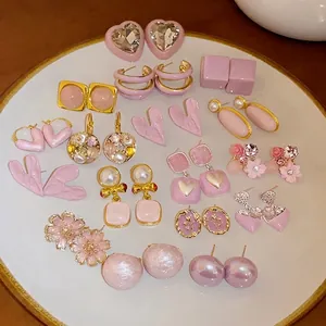 Korean Sweet Pink Alloy Rhinestone Flower Stud Earrings For Women Fresh Heart Square Earrings With Silver Earring Post