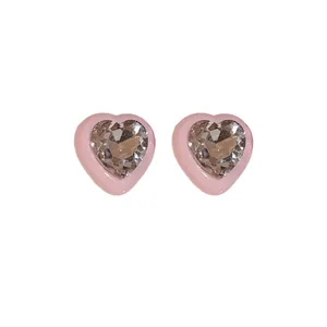 Sweet pink heart stud earrings with sparkling crystal rhinestone inlay for women