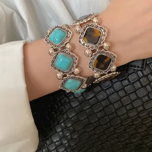 Bohemian retro acrylic rhombus elastic bracelet set with turquoise stones for women