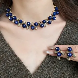 Vintage Resin Round Blue Bead Pendant Necklace And Earrings Set For Women Gold Rhinestone Clavicle Chain Jewelry Set
