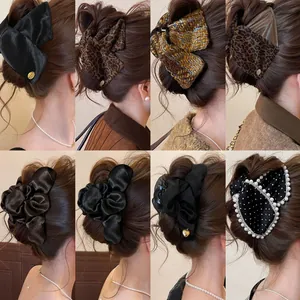 Elegant Satin Triangle Hair Claw Clip Sweet Leopard Tweed Bow Large Shark Clip Fashion Hair Accessories For Women