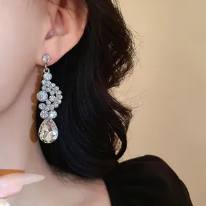 Dettaglio di un elegante orecchino a goccia con strass argento su una modella