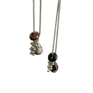 Natural tiger eye and jasper teardrop pendant necklaces with silver chains for women.