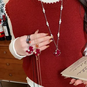 Red Flocking Horse Pendant Necklace Artificial Pearl Zirconia Autumn Winter Zodiac Sweater Chain Luxury Jewelry Gift